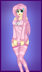 Size: 2396x4092 | Tagged: safe, alternate version, artist:lennondash, fluttershy, human, equestria girls, g4, breasts, busty fluttershy, butterfly hairpin, clothes, cute, female, open mouth, out of frame, pajamas, purple background, schrödinger's pantsu, shyabetes, simple background, socks, solo, striped socks, sweater, sweatershy, thigh highs