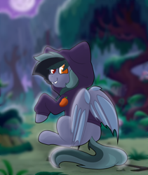 Size: 1816x2154 | Tagged: safe, artist:cadetredshirt, oc, oc only, oc:scrimmy, bat pony, pony, clothes, commission, everfree forest, hoodie, looking at you, looking back, looking back at you, moon, night, sitting, solo, ych result