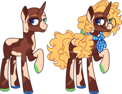 Size: 3626x2812 | Tagged: safe, artist:kurosawakuro, oc, pony, unicorn, bandana, base used, blue eyes, coat markings, colored hooves, glasses, green eyes, heterochromia, high res, horn, magical gay spawn, male, offspring, parent:cheese sandwich, parent:trenderhoof, ponytail, raised hoof, simple background, slender, socks (coat markings), solo, stallion, tall, thin, transparent background, unicorn oc