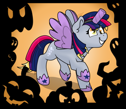 Size: 2503x2160 | Tagged: safe, artist:cadetredshirt, derpy hooves, ghost, pegasus, pony, undead, mlp fim's twelfth anniversary, g4, alicorn costume, cardboard wings, clothes, costume, cute, digital art, ear fluff, fake horn, fake wings, female, gray coat, halloween, halloween costume, high res, holiday, jewelry, mare, nightmare night, nightmare night costume, pumpkin, raised hoof, raised leg, regalia, shading, silhouette, simple background, smiling, solo, spooky, spread wings, teeth, toilet paper roll, toilet paper roll horn, twilight muffins, walking, wig, wings, yellow eyes
