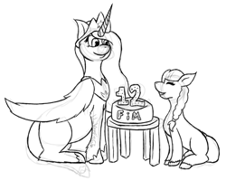 Size: 1280x1024 | Tagged: safe, artist:lil_vampirecj, sunny starscout, twilight sparkle, alicorn, earth pony, pony, mlp fim's twelfth anniversary, g4, g5, anniversary, anniversary art, birthday, birthday cake, cake, crown, food, happy birthday mlp:fim, hoof shoes, jewelry, looking at each other, looking at someone, looking down, outlines only, regalia, simple background, sketch, sunny and her heroine, table, twilight sparkle (alicorn), white background