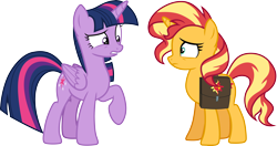 Size: 5680x3000 | Tagged: safe, artist:cloudyglow, sunset shimmer, twilight sparkle, alicorn, pony, unicorn, equestria girls, equestria girls series, forgotten friendship, absurd resolution, bag, duo, female, mare, saddle bag, simple background, transparent background, twilight sparkle (alicorn), vector
