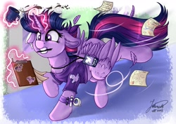 Size: 4093x2894 | Tagged: safe, artist:julunis14, twilight sparkle, alicorn, pony, g4, badge, chest fluff, clipboard, clothes, coffee, coffee mug, commission, con badge, convention, digital, ear fluff, feather, female, floppy ears, high res, levitation, magic, mare, mug, paper, polish, running, shirt, signature, solo, t-shirt, telekinesis, twilight sparkle (alicorn)