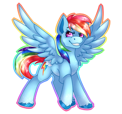 Size: 2147x2000 | Tagged: safe, artist:chvrchgrim, rainbow dash, pegasus, pony, g4, fanart, female, grin, high res, mare, outline, raised hoof, redesign, simple background, smiling, solo, spread wings, transparent background, wings