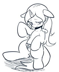 Size: 743x894 | Tagged: safe, artist:maren, oc, oc only, pony, unicorn, 2015, clothes, embarrassed, female, frilly underwear, hair tie, mare, old art, panties, sitting, solo, underwear