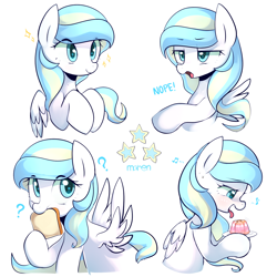 Size: 1300x1300 | Tagged: safe, artist:maren, oc, oc only, oc:sky sherbet, pegasus, pony, g4, 2015, blushing, bread, bust, cute, eye clipping through hair, eyebrows, eyebrows visible through hair, female, folded wings, food, holding, jelly, mare, music notes, nope, old art, question mark, schoolgirl toast, simple background, solo, sparkles, spread wings, tongue out, white background, wings