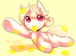 Size: 2392x1748 | Tagged: safe, artist:maren, oc, oc only, pony, unicorn, 2015, food, lemon, lying down, mouth hold, old art, prone, simple background, smiling, solo, sparkly eyes, wingding eyes
