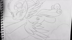 Size: 1776x998 | Tagged: safe, artist:maren, oc, oc only, oc:sun hide, pegasus, pony, 2017, female, flying, goggles, mare, old art, pencil drawing, scrunchie, solo, traditional art
