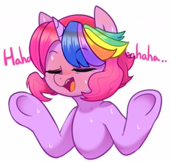 Size: 2960x2804 | Tagged: safe, artist:maren, oc, oc only, oc:techy twinkle, pony, unicorn, 2020, blushing, bust, dialogue, eyes closed, high res, old art, open mouth, shrug, simple background, solo, sweat, sweatdrops, teeth, white background