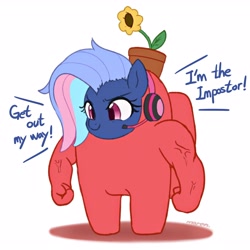 Size: 3200x3200 | Tagged: safe, artist:maren, oc, oc only, oc:bit rate, earth pony, pony, 2020, among us, buff, clothes, costume, crewmate (among us), dialogue, engrish, flower pot, headset, hide and seek, high res, hilarious in hindsight, muscles, old art, simple background, solo, white background