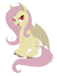 Size: 1497x2000 | Tagged: safe, alternate version, artist:megabait, fluttershy, bat pony, pony, undead, vampire, g4, bat ponified, bat wings, flutterbat, looking at you, race swap, red eyes, simple background, sitting, solo, white background, wings