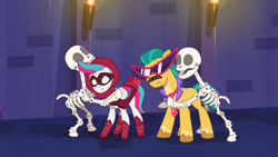 Size: 1920x1080 | Tagged: safe, screencap, hitch trailblazer, zipp storm, earth pony, pegasus, pony, skeleton pony, g5, haunted house (episode), my little pony: tell your tale, spoiler:g5, spoiler:my little pony: tell your tale, spoiler:tyts01e31, arrowverse, bone, clothes, coat markings, costume, fake moustache, female, frown, halloween, halloween costume, holiday, hug, looking up, male, mare, misleading thumbnail, necktie, nightmare night costume, pinpoint eyes, skeleton, socks (coat markings), stallion, sunglasses