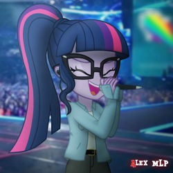 Size: 720x720 | Tagged: safe, artist:alex mlp, edit, edited screencap, screencap, sci-twi, twilight sparkle, human, equestria girls, g4, concert, earpiece, eyes closed, irl, irl human, microphone, photo, smiling, solo, stage