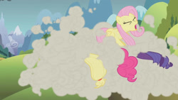 Size: 1280x720 | Tagged: safe, screencap, applejack, fluttershy, pinkie pie, rarity, earth pony, pegasus, pony, unicorn, dragonshy, g4, season 1, dust cloud, eyes closed, open mouth