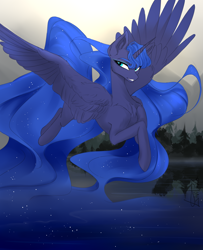 Size: 1038x1280 | Tagged: safe, artist:livitoza, princess luna, alicorn, pony, chest fluff, ear fluff, ethereal mane, flying, forest background, impossibly long hair, impossibly long tail, missing accessory, slim, solo, spread wings, starry mane, starry tail, tail, water, wing fluff, wings