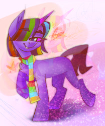 Size: 1472x1762 | Tagged: safe, artist:irinamar, oc, oc only, oc:larkspur, pony, unicorn, chest fluff, clothes, scarf, solo, striped scarf