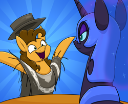 Size: 1894x1542 | Tagged: safe, artist:moonatik, cheese sandwich, nightmare moon, alicorn, earth pony, pony, equestria at war mod, mlp fim's twelfth anniversary, g4, abstract background, clothes, excited, eyeshadow, female, happy, hat, makeup, male, mare, poncho, smiling, stallion, story included