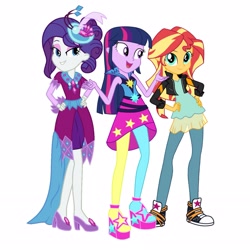 Size: 2289x2289 | Tagged: safe, rarity, sunset shimmer, twilight sparkle, alicorn, human, equestria girls, g4, my little pony equestria girls: better together, my little pony equestria girls: rainbow rocks, clothes, dress, female, gala dress, game stream outfit, high res, rainbow rocks outfit, simple background, trio, trio female, twilight sparkle (alicorn), white background