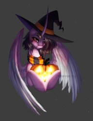Size: 740x966 | Tagged: safe, artist:sparkie45, oc, oc only, alicorn, dracony, dragon, hybrid, pony, 2021, alicorn oc, gray background, halloween, hat, holiday, horn, jack-o-lantern, pumpkin, simple background, solo, wings, witch hat