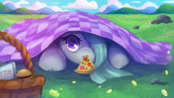 Size: 3840x2160 | Tagged: safe, artist:saphypone, marble pie, earth pony, pony, g4, basket, blanket, burger, cloud, cute, female, flower, food, grass, hill, marblebetes, mare, picnic basket, pizza, rock, signature, sky, solo, under blanket