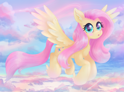 Size: 2732x2048 | Tagged: safe, artist:saphypone, fluttershy, pegasus, pony, g4, blushing, chest fluff, cloud, cute, ear fluff, feathered fetlocks, female, fluttershy day, flying, high res, hoof fluff, looking at you, mare, open mouth, shyabetes, signature, sky, sky background, solo, spread wings, three quarter view, wings