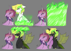Size: 3000x2154 | Tagged: safe, artist:sparkie45, oc, oc:ray of hope, oc:sparkie, alicorn, changeling, dracony, dragon, hybrid, pegasus, pony, alicorn oc, high res, horn, reveal the magic, shipping, wings, yellow changeling