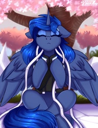 Size: 1650x2150 | Tagged: safe, artist:shadowreindeer, princess luna, alicorn, gynoid, pony, robot, robot pony, clothes, connor luna, crossed legs, detroit: become human, eyes closed, female, meditation, rk900, sitting, solo, spread wings, tree, wings