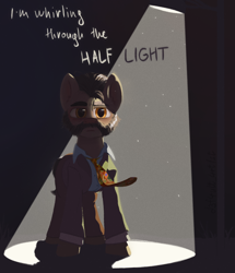 Size: 1094x1270 | Tagged: safe, artist:d3f4ult_4rt1st, earth pony, pony, clothes, disco elysium, facial hair, harrier du bois, jacket, necktie, ponified, shirt, solo, spotlight, streetlight, text