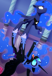 Size: 2048x3000 | Tagged: safe, artist:whitequartztheartist, nightmare moon, princess luna, alicorn, pony, g4, crown, duality, evil laugh, fangs, female, folded wings, hallway, helmet, high res, hoof shoes, jewelry, laughing, looking down, mare, night, open mouth, open smile, peytral, reflection, regalia, smiling, spread wings, tiara, upside down, wings
