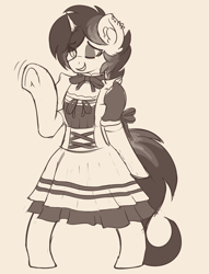 Size: 2388x3120 | Tagged: safe, artist:czu, oc, oc:moonshine, pony, unicorn, bipedal, clothes, cute, female, frilly, high res, maid, monochrome, one eye closed, piercing, simple background, sketch, smiling, stockings, thigh highs, wave, wink