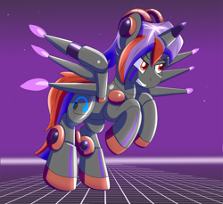 Size: 2000x1833 | Tagged: safe, artist:trackheadtherobopony, oc, oc:nitebeat, alicorn, pony, robot, robot pony, alicorn oc, horn, roboticization, wings