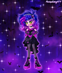 Size: 2880x3400 | Tagged: safe, artist:prismagalaxy514, artist:selenaede, oc, human, undead, vampire, equestria girls, g4, boots, choker, clothes, dress, ear piercing, earring, fangs, fingerless gloves, gem, gemstones, gloves, hairband, high res, jewelry, night, piercing, shoes, sleeveless, solo, sparkles, stockings, thigh highs