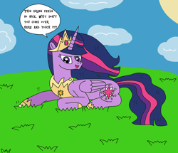 Size: 2850x2448 | Tagged: safe, artist:supahdonarudo, twilight sparkle, alicorn, pony, g4, the last problem, cloud, dialogue, grass, grass field, high res, jewelry, lying down, older, older twilight, older twilight sparkle (alicorn), princess twilight 2.0, prone, pun, regalia, speech bubble, sun, talking to viewer, text, tiara, twilight sparkle (alicorn), visual pun