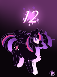 Size: 1882x2554 | Tagged: safe, artist:php169, twilight sparkle, alicorn, pony, mlp fim's twelfth anniversary, g4, chest fluff, eye clipping through hair, eyebrows, eyebrows visible through hair, female, gradient background, hock fluff, mare, open mouth, smiling, solo, spread wings, twilight sparkle (alicorn), wings