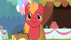 Size: 1920x1080 | Tagged: safe, screencap, big macintosh, earth pony, pony, g4, season 9, the last problem, 1080p, balloon, clipboard, cute, looking at you, macabetes, male, reaction image, smiling, smiling at you, solo, stallion