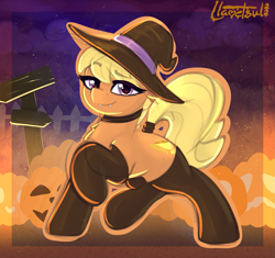 Size: 937x880 | Tagged: safe, artist:llametsul, ms. harshwhinny, earth pony, pony, mlp fim's twelfth anniversary, g4, choker, clothes, cute, female, halloween, hat, holiday, looking at you, mare, ms. cutewhinny, pumpkin, signature, solo, stockings, thigh highs, witch hat