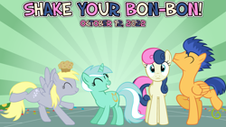 Size: 2063x1161 | Tagged: safe, artist:darknisfan1995, artist:iamthegreatlyra, artist:mckinnley, artist:not-yet-a-brony, artist:rezo, bon bon, derpy hooves, flash sentry, lyra heartstrings, sweetie drops, earth pony, pegasus, pony, unicorn, g4, 2022, bon bon is not amused, dancing, female, food, friends, joke, lesbian, lyrics in the description, male, mare, muffin, october, party, prank, ricky martin, shake your bon bon, ship:lyrabon, shipping, smiling, song reference, stallion, stare, unamused, youtube link in the description