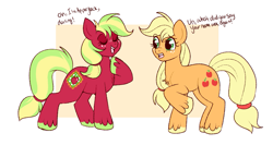 Size: 1031x548 | Tagged: safe, artist:lulubell, applejack, applejack (g3), earth pony, pony, g3, g4, colored hooves, duo, eyes closed, freckles, g3 to g4, generation leap, generational ponidox, hatless, hoof on chest, missing accessory, open mouth, open smile, raised hoof, simple background, smiling, unshorn fetlocks, white background