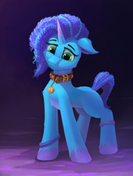 Size: 908x1202 | Tagged: safe, artist:foxpit, misty brightdawn, pony, unicorn, g5, bell, bell collar, bracelet, choker, collar, female, floppy ears, jewelry, mare, sad, solo