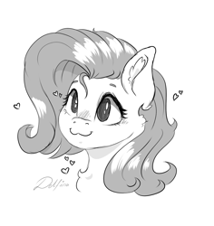 Size: 1369x1453 | Tagged: safe, artist:delfinaluther, fluttershy, pegasus, pony, g4, :3, black and white, cute, ear fluff, female, grayscale, heart, monochrome, simple background, sketch, solo, white background