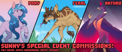 Size: 1872x809 | Tagged: safe, artist:sunny way, izzy moonbow, giraffe, pony, unicorn, anthro, g5, advertisement, any gender, any species, colored, commission, commission open, event, female, feral, flat colors, furry, mare, open