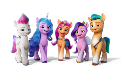 Size: 3326x2129 | Tagged: safe, hitch trailblazer, izzy moonbow, pipp petals, sunny starscout, zipp storm, earth pony, pegasus, pony, unicorn, g5, my little pony: make your mark, official, female, high res, male, mane five, mane stripe sunny, mare, simple background, stallion, stock render, transparent background