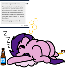 Size: 1275x1414 | Tagged: safe, artist:professorventurer, pipp petals, pegasus, pony, series:ask pippamena, g5, alcohol, beer, beer belly, beer bottle, belly, bottle, drunk, drunk bubbles, featureless crotch, fluffy, pippamena, puddle, sleeping, wasted