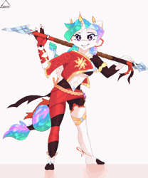 Size: 1000x1200 | Tagged: safe, artist:glazirka, princess celestia, anthro, g4, animated, breasts, gif, grin, looking at you, midriff, smiling, solo, spear, underboob, weapon