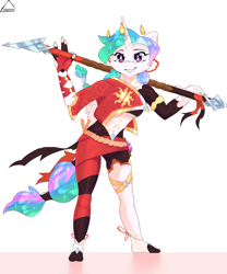 Size: 1000x1200 | Tagged: safe, artist:glazirka, princess celestia, alicorn, anthro, g4, breasts, grin, looking at you, midriff, smiling, solo, spear, underboob, weapon