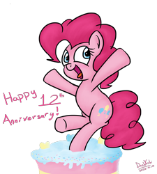 Size: 1800x2000 | Tagged: safe, artist:dashyoshi, pinkie pie, earth pony, pony, mlp fim's twelfth anniversary, g4, anniversary, cake, food, happy birthday mlp:fim, looking at you, open mouth, simple background, solo, standing on a cake, transparent background