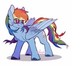 Size: 1024x922 | Tagged: safe, artist:crowenxd_, rainbow dash, pegasus, pony, g4, chest fluff, colored hooves, colored pinnae, colored wings, eye clipping through hair, eyebrows, eyebrows visible through hair, female, full body, looking sideways, mare, multicolored wings, simple background, smiling, solo, standing, unshorn fetlocks, white background, wings