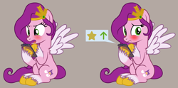 Size: 2778x1376 | Tagged: safe, artist:badumsquish, derpibooru exclusive, pipp petals, pegasus, pony, derpibooru, g4, g5, adorapipp, angry, blushing, cellphone, cute, disappointed, embarrassed, eyes on the prize, favorite, female, frown, g5 to g4, generation leap, gray background, jewelry, looking back, mare, meme, meta, nervous, nervous sweat, not sure if want, phone, ponified meme, shame, show accurate, simple background, sitting, solo, spread wings, sweat, that is my fetish, tiara, two toned coat, unshorn fetlocks, upvote, wingboner, wings