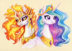 Size: 1715x1220 | Tagged: safe, artist:maytee, daybreaker, princess celestia, alicorn, pony, g4, bust, colored pencil drawing, cream background, crown, duality, female, fire, jewelry, mare, regalia, simple background, slit pupils, tiara, traditional art
