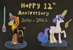 Size: 3574x2451 | Tagged: safe, artist:magicnova, derpibooru exclusive, princess flurry heart, oc, oc:starfire blaze, alicorn, pony, unicorn, mlp fim's twelfth anniversary, g4, alternate hairstyle, amputee, anakin skywalker, anniversary, belt, black background, blaster, blaze (coat marking), boots, canon x oc, clothes, coat markings, costume, eye scar, facial markings, facial scar, female, flurryblaze, happy birthday mlp:fim, high res, lightsaber, looking at each other, looking at someone, magic, magic aura, male, mare, nightmare night, nightmare night costume, offspring, older, older flurry heart, padme amidala, parent:starlight glimmer, parent:sunburst, parents:starburst, prosthetic leg, prosthetic limb, prosthetics, scar, shipping, shoes, simple background, smiling, smiling at each other, socks (coat markings), stallion, star wars, story included, straight, telekinesis, text, torn clothes, traditional art, weapon